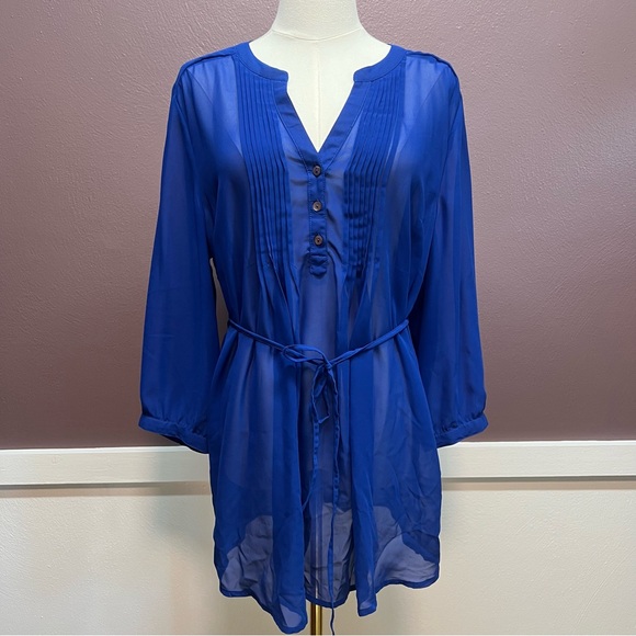Motherhood Tops - Motherhood Blue Tunic with Tie Front and Mandarin Collar